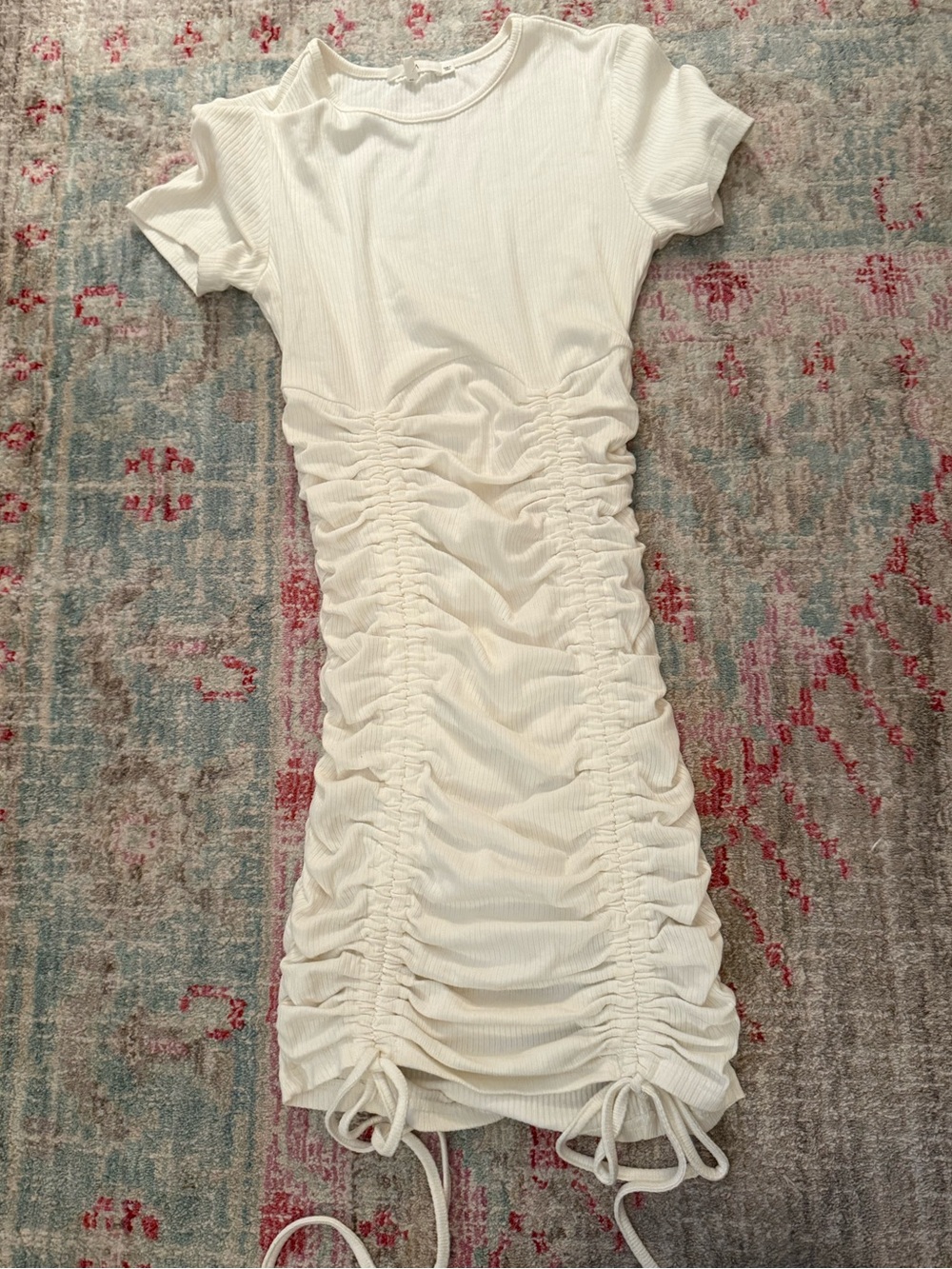 NIA White Ribbed Drawstring Ruched Bodycon Mini Dress - Picture 4 of 10